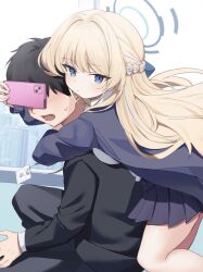  1boy 1girl absurdres bare_legs black_hair black_jacket black_suit blonde_hair blue_archive blue_eyes blue_hair blush braid cellphone commentary_request faceless faceless_male half_up_braid halo hetero highres holding holding_phone hug hug_from_behind jacket lanyard looking_at_viewer meng_yin miniskirt multicolored_hair phone pleated_skirt sensei_(blue_archive) shirt skirt smartphone streaked_hair suit sweatdrop toki_(blue_archive) toki_(school_uniform)_(blue_archive) two-tone_hair white_shirt 