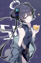  1girl absurdres ankry bare_shoulders black_hair black_jacket blue_archive blunt_bangs braid braided_bun breasts butterfly_hair_ornament china_dress chinese_clothes chinese_commentary closed_mouth commentary_request cowboy_shot cropped_legs double_bun dragon_print dress eyelashes floating_hair food grey_eyes grey_halo hair_bun hair_ornament halo hand_up highres holding holding_food jacket jacket_partially_removed kisaki_(blue_archive) long_hair looking_at_viewer milestone_celebration open_clothes open_jacket outline print_dress purple_background simple_background sleeveless sleeveless_dress small_breasts smile solo sparkle striped_clothes striped_jacket tsurime twintails vertical-striped_clothes vertical-striped_jacket very_long_hair white_outline 