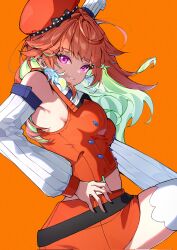  1girl blush breasts chef_hat earrings feather_earrings feathers gradient_hair green_hair hat highres hololive hololive_english jewelry long_hair looking_at_viewer mnemo_(mnemorikriyairo) multicolored_hair open_mouth orange_hair smile solo takanashi_kiara takanashi_kiara_(1st_costume) thigh-highs two-tone_hair violet_eyes virtual_youtuber 