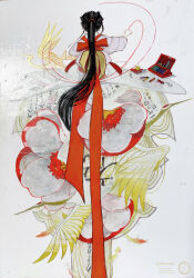  1girl absurdres bird black_hair crane_(animal) facing_away flower from_behind highres japanese_clothes kimono long_hair original ponytail shiguretau solo thread traditional_media white_flower 