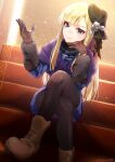  1girl beret blonde_hair blue_dress blue_eyes boots brown_gloves crossed_legs dress fate_(series) fur_trim gloves hat highres kachin long_hair lord_el-melloi_ii_case_files on_stairs pantyhose reines_el-melloi_archisorte sitting twitter_username 