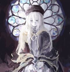  1girl bags_under_eyes black_hat brush_stroke colored_skin commentary cowboy_shot dark_souls_(series) dark_souls_iii dress english_commentary faux_traditional_media hair_between_eyes hands_on_own_knees hat highres impressionism layered_clothes long_hair long_sleeves paint_on_fingers painterly sad sitting solo stained_glass straight-on stuffbecauseidk the_painter_(dark_souls_iii) white_hair white_skin 