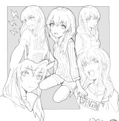 1girl blush choker clenched_teeth closed_mouth crying crying_with_eyes_open earrings girls_band_cry greyscale highres hood hoodie jacket jewelry kawaragi_momoka long_hair monochrome multiple_views n_nai_nai_n open_mouth shikai_no_sumi_kuchiru_oto shirt short_sleeves shorts skinny_legs sweater tears teeth thin_calves thin_thighs upper_teeth_only 