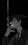  bangs between_fingers chainsaw_man cigarette collared_shirt ear_piercing formal glowing greyscale hair_over_one_eye hand_up hayakawa_aki highres holding holding_cigarette jacket long_sleeves looking_at_viewer monochrome necktie night open_mouth piercing ponytail rain shirt simple_background smoke smoking solo suit upper_body uyamai111 