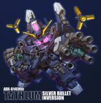  chibi clenched_hands funnels_(gundam) glowing glowing_eyes gundam gundam_unicorn mecha mobile_suit no_humans pink_eyes redesign science_fiction silver_bullet_(mobile_suit) susagane v-fin 