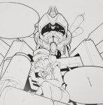  1girl autobot blank_speech_bubble greyscale hat headset highres in_palm jacket lineart makishima_(maxtfex) mecha monochrome omega_prime one_eye_closed open_mouth portrait smile speech_bubble squatting super_robot t-ai_(transformers) thigh-highs transformers transformers_car_robots 