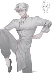  1boy blush china_dress chinese_clothes covered_pectorals cowboy_shot deanwzzz dress hashtag-only_commentary highres male_focus nice_(to_be_hero_x) pectorals short_hair simple_background solo standing standing_on_one_leg to_be_hero to_be_hero_x twitter_username white_background white_hair 