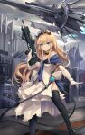  1girl blonde_hair blue_eyes blush dress elbow_gloves eruthika gloves gun highres holding holding_gun holding_weapon jewelry looking_at_viewer open_mouth original outdoors science_fiction solo spacecraft thigh-highs tiara weapon 