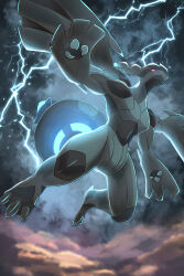  above_clouds bright_pupils claws closed_mouth clouds colored_sclera commentary_request electricity glowing highres looking_down no_humans outdoors pink_sclera pokemon pokemon_(creature) pokemon_focus rumine_(yoshi1234567) solo white_pupils zekrom 
