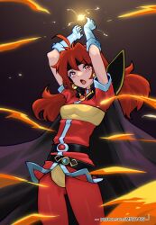  1girl ahoge armor arms_up belt black_belt black_cape cape casting_spell earrings gem gloves headband highres jewelry lina_inverse long_hair magni_(mf021405) open_mouth orange_hair patreon_username red_eyes shoulder_armor slayers solo spell tongue white_gloves 