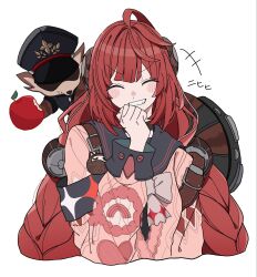  1girl 1other animal animal_on_back apple armband backpack bag black_hat black_sailor_collar blush braid braided_twintails cardigan charm_(object) chest_bow clenched_hand closed_eyes commentary_request covering_own_mouth food fruit hair_ornament hat hearing_aid highres holding holding_food holding_fruit kamanosuke_(zenless_zone_zero) laughing long_hair niupum pink_cardigan raccoon red_hair sailor_collar simple_background smile sphere_hair_ornament tanuki teeth ukinami_yuzuha upper_body white_background zenless_zone_zero 