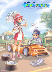  4leaf animal_on_head ankle_socks aqua_ribbon aqua_umbrella archived_source artist_name black_fur black_tail black_tank_top blonde_hair blue_eyes blue_hat blue_sky bow brushing building cat cat_on_head character_request checkered_print clipboard company_name copyright_name copyright_notice cross-laced_shoes dated dated_commentary dirt_road english_commentary flying garage gloves green_eyes grey_jacket grey_sleeves hair_bow hat holding holding_brush holding_umbrella jacket laces legs_apart logo long_hair long_sleeves looking_at_another motor_vehicle mouth_hold multicolored_tank_top neck_ribbon official_art on_head open_mouth outdoors photoshop_(medium) pink_eyes pink_hair pleated_skirt ponytail print_sleeves print_tank_top puffy_short_sleeves puffy_sleeves race_vehicle red_shoes red_skirt red_tank_top ribbon road shirt shoes short_hair short_sleeves skirt sky sneakers socks softmax stairs standing steering_wheel tank_top teeth tool_kit tree umbrella visor_cap web_address wheel white_fur white_gloves white_shirt white_skirt white_sleeves white_socks white_tank_top white_umbrella white_wings wings 