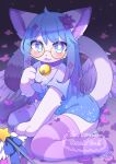 1girl :3 absurdres ahoge animal_ears animal_hands animal_nose artist_name bangs bell beru_(kuro_kemo28) blue_eyes blue_hair blue_shirt blurry blurry_background blush body_fur breasts bright_pupils cat_ears cat_girl cat_tail collar commentary_request commission crescent english_commentary english_text fang feathered_wings flower full_body furry furry_female glasses gradient gradient_background gradient_hair hair_flower hair_ornament hand_up happy highres jingle_bell long_hair looking_up luna_(nicole) medium_breasts mixed-language_commentary multicolored_hair neck_bell open_mouth original partial_commentary pince-nez purple_background purple_flower purple_hair purple_legwear round_eyewear shirt short_sleeves sidelocks signature sitting skeb_commission skin_fang smile solo star_(symbol) striped striped_legwear tail thank_you thigh-highs two-tone_hair wand wariza whiskers white_fur white_pupils white_wings wings yellow-framed_eyewear