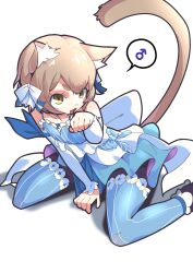  1boy absurdres ai_generated animal_ear_fluff animal_ears arm_ribbon back_bow bell black_pantyhose blue_collar blue_dress blue_ribbon blue_thighhighs bow brown_hair cat_boy cat_ears cat_tail collar collarbone crossdressing crossdressing_(mtf) detached_sleeves dot_nose dress felix_argyle frilled_dress frilled_sleeves frills hair_between_eyes highres male_focus mars_symbol neck_bell pantyhose re:zero_kara_hajimeru_isekai_seikatsu ribbon shadow short_dress short_hair simple_background sitting solo speech_bubble spoken_mars_symbol striped_bow striped_clothes striped_thighhighs tail thigh-highs trap two-tone_dress two-tone_thighhighs ura_ura_(ktke5457) wariza white_background white_bow white_dress white_sleeves white_thighhighs yellow_eyes 