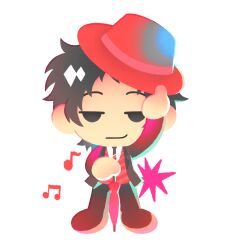  1boy adachi_tooru alternate_costume brown_hair chibi chibi_only chinese_commentary closed_mouth closed_umbrella commentary_request full_body half-closed_eyes hat highres holding holding_umbrella long_sleeves looking_at_viewer male_focus musical_note nailtoo necktie persona persona_4 red_hat red_vest short_hair simple_background smile solo standing suit transparent_background umbrella vest 