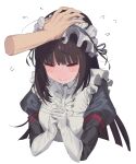  05565 1boy 1girl black_hair blush center_frills closed_eyes cropped_torso flying_sweatdrops frilled_hairband frills full-face_blush gloves hairband headpat highres last_origin long_hair long_sleeves maid own_hands_together puffy_long_sleeves puffy_sleeves scissors_lise simple_background sweatdrop upper_body wavy_mouth white_background white_gloves 
