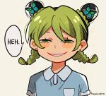  1girl absurdres anya&#039;s_heh_face_(meme) black_hair blush_stickers braid braided_bun butterfly_hair_ornament child double_bun earrings female_child green_eyes green_hair hair_bun hair_ornament hair_over_one_eye half-closed_eyes highres huyandere jewelry jojo_no_kimyou_na_bouken kujo_jolyne looking_at_viewer meme multicolored_hair scene_reference short_sleeves simple_background smug solo sparkle speech_bubble spy_x_family stone_ocean stud_earrings twintails twitter_username two-tone_hair 