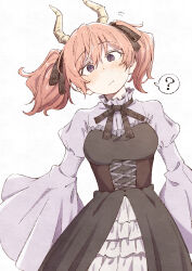  1girl ? absurdres black_corset black_dress black_ribbon blush breasts closed_mouth collar commentary corset cowboy_shot cross-laced_clothes cross-laced_corset demon_horns dress eitopondo frilled_collar frilled_dress frilled_sleeves frills hair_between_eyes hair_ribbon head_tilt highres horns linie_(sousou_no_frieren) looking_at_viewer medium_breasts medium_hair neck_ribbon pink_hair puffy_sleeves ribbon short_twintails simple_background solo sousou_no_frieren spoken_question_mark standing twintails violet_eyes white_background white_dress wide_sleeves 