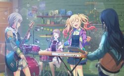  4girls :d ^_^ bass_guitar black_choker black_hair black_sweater blonde_hair blurry bokeh brown_hair choker closed_eyes closed_mouth collared_shirt collared_sweater colorful_palette crescent depth_of_field drum drum_set game_cg gradient_hair green_eyes grey_hair highres hinomori_shiho hoshino_ichika_(project_sekai) instrument jacket keyboard_(instrument) leo/need_(project_sekai) light_particles mochizuki_honami multicolored_hair multiple_girls official_alternate_costume official_art open_clothes open_jacket open_mouth pink_hair pink_jacket plant pleated_skirt potted_plant profile project_sekai purple_jacket resonate_with_you_(project_sekai) shirt side_ponytail sidelocks skirt smile star_(symbol) string_of_light_bulbs sweater tenma_saki third-party_source twintails u_u watering_can white_shirt white_skirt 