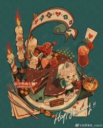  1girl ace_(playing_card) ace_of_hearts alcohol animal_ears arrow_through_heart artist_name beads black_shoes blue_background brown_eyes cake candle candy card checkerboard_cookie chibi chinese_commentary chocolate_cake coat commentary_request commission cookie dress_shoes eating english_text eyelashes flag flower food forehead_tattoo fork fox_ears fruit fur-trimmed_coat fur_trim grey_hair grey_pants happy_birthday hat heart heart_tattoo highres holding holding_food knife long_sleeves looking_at_viewer machi_nailao_bao mini_person minigirl napkin nightcap on_food original pants plate playing_card pot_pie red_flower red_rose rose sample_watermark shoes short_hair simple_background sitting strawberry strawberry_slice stuffed_animal stuffed_rabbit stuffed_toy tattoo watermark watermark_grid weibo_watermark white_coat white_hat 