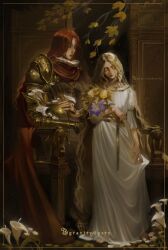  1boy 1girl amputee armor artist_logo artist_name barefoot blonde_hair border branch brother_and_sister cape closed_eyes closed_mouth commentary dress elden_ring elden_ring:_shadow_of_the_erdtree english_commentary flower gold_armor gravitydusty helmet highres holding holding_unworn_helmet leaf logo long_hair malenia_blade_of_miquella miquella_(elden_ring) prosthesis prosthetic_arm prosthetic_leg purple_flower red_cape red_hair siblings sitting_on_throne throne triple_amputee tunic unworn_headwear unworn_helmet very_long_hair wavy_hair white_flower white_tunic winged_helmet yellow_eyes yellow_flower 