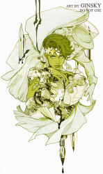 1other absurdres artist_name chinese_commentary commentary_request cropped_torso diamond_wa_kudakenai earrings ginsky2000 hand_on_own_chin headband heaven's_door highres ink_drip jewelry jojo_no_kimyou_na_bouken kishibe_rohan limited_palette looking_at_viewer male_focus nib_pen_(object) pen short_hair simple_background sketchbook stand_(jojo) watermark white_background 