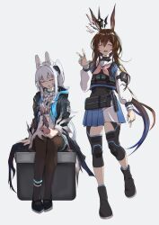  2girls :d amiya_(arknights) amiya_(arknights)_(cosplay) animal_ear_hairband animal_ears anklet arknights arm_up ascot black_boots black_bow black_coat black_crown black_jacket black_pantyhose black_shoes blue_archive blue_eyes blue_jacket blue_skirt blush boots bow box brown_hair bulletproof_vest burnt_clothes cellphone choker civilight_eterna closed_eyes closed_mouth clov3r coat cosplay costume_switch crown dress ear_through_crown fake_animal_ears feet_up floating_crown full_body gloves hair_between_eyes hair_bow hairband highres holding holding_phone infection_monitor_(arknights) jacket jewelry knee_pads leg_up long_hair long_sleeves looking_at_viewer low_ponytail miyako_(blue_archive) miyako_(blue_archive)_(cosplay) multiple_girls multiple_rings neckerchief no_halo official_alternate_costume one_side_up open_mouth pantyhose phone pink_neckerchief ponytail rabbit_ear_hairband rabbit_ears rabbit_girl rhodes_island_logo_(arknights) rhodes_island_uniform ring sailor_collar shoes sidelocks simple_background skirt sleeping sleeves_past_wrists smartphone smile standing thick_thighs thighs turtleneck very_long_hair w white_ascot white_dress white_hairband white_sailor_collar white_skirt white_sleeves 