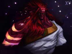  1boy absurdres artist_name artstation_logo artstation_username closed_mouth colored_skin commentary english_commentary gem glowing gold_trim green_eyes green_gemstone highres instagram_logo instagram_username long_hair magnus_the_red muscular muscular_male patreon_logo patreon_username potoq primarch red_hair red_skin robe roman_numeral simple_background solo star_(sky) starry_sky_background thousand_sons warhammer_40k 