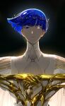  1other ascot bangs beads blue_eyes blue_hair bowl_cut closed_mouth cropped expressionless gem glowing glowing_eye golden_arms half-closed_eyes halo hands_up heterochromia houseki_no_kuni kt_(kloysius) liquid looking_at_viewer pearl_(gemstone) phosphophyllite phosphophyllite_(ll) see-through see-through_sleeves short_hair spoilers straight-on upper_body weapon white_ascot white_eyes wide_sleeves 