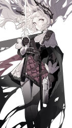  1girl absurdres arknights asymmetrical_dual_wielding bandolier belt black_cape black_gloves black_jacket cape capelet closed_mouth commentary cross_scar dual_wielding earrings feet_out_of_frame floating_hair front-seamed_legwear gloves grey_eyes grey_hair gun handgun head_wings highres holding holding_gun holding_sword holding_weapon iberia_logo inainainaiina irene_(arknights) jacket jewelry long_sleeves pantyhose pink_ribbon pink_skirt ribbon scar scar_across_eye scar_on_face seamed_legwear skirt sleeve_cuffs solo strap sword trigger_discipline upturned_eyes weapon white_background white_capelet white_pantyhose white_skirt wings 