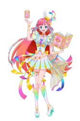  1girl :d arm_up blue_eyes blue_shirt blue_skirt book boots bracelet braid earrings floating_card full_body heart heart_earrings hibino_matsuri hibino_matsuri_(primagista) high_heel_boots high_heels holding holding_book idol_clothes jewelry knee_boots long_hair looking_at_viewer multicolored_hair object_floating_above_hand open_book open_mouth pink_hair pleated_skirt pretty_series shirt side_braid simple_background skirt smile solo standing streaked_hair very_long_hair waccha_primagi! white_background white_boots 