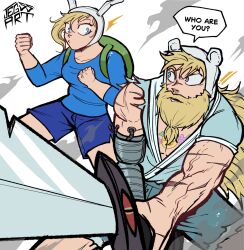  1boy 1girl adventure_time adventure_time:_fionna_and_cake alternate_universe animal_ears backpack bag beard blonde_hair blue_eyes blue_shirt blue_shorts breasts chest_tattoo english_text facial_hair fake_animal_ears finn_the_human fionna_campbell green_bag highres holding holding_sword holding_weapon jegssart long_beard long_hair mechanical_arms medium_breasts muscular muscular_male prosthesis prosthetic_arm scar scar_on_arm scar_on_face scar_on_nose shirt shorts single_mechanical_arm speech_bubble sword tattoo torn_clothes torn_sleeves veins weapon white_hood 