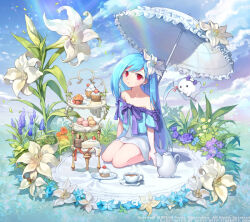 1girl aqua_flower aqua_hair aqua_shirt arms_at_sides artist_name bare_shoulders benya_(tales_weaver) black_eyes blue_flower blue_rose bow caesty cake clouds collarbone copyright_notice cup cupcake dated_commentary day dress english_commentary field flower flower_field food frilled_umbrella frills ghost hair_flower hair_ornament holding holding_scythe leaf legs_together lens_flare looking_at_viewer macaron nexon off-shoulder_shirt off_shoulder official_art orange_flower outdoors parted_lips purple_bow purple_ribbon red_eyes ribbon rose scythe seiza shirt shirt_ribbon short_dress sitting skull_ornament sky sleeve_bow solid_circle_eyes solo sparkle strapless strapless_shirt sunlight sweets tales_weaver teacup teapot tiered_tray too_many_flowers umbrella web_address white_dress white_flower white_umbrella yellow_flower 