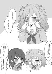  2girls absurdres blush chibi cropped_torso dot_nose greyscale highres hoshino_ichika_(project_sekai) long_hair miyamasuzaka_girls&#039;_academy_school_uniform monochrome mu_ri003 multiple_girls neckerchief pinching_own_cheek project_sekai sailor_collar school_uniform serafuku simple_background speech_bubble sweatdrop tenma_saki twintails white_background 