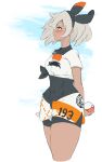  1girl bangs bea_(pokemon) black_bodysuit black_hairband bodysuit bodysuit_under_clothes bow_hairband collared_shirt grey_eyes grey_hair hair_between_eyes hairband highres huuuna pokemon pokemon_(game) pokemon_swsh print_shirt print_shorts shirt short_hair short_sleeves shorts side_slit side_slit_shorts sketch solo 