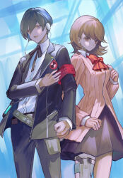  1boy 1girl armband belt black_jacket black_pants black_ribbon black_skirt blue_hair blurry blurry_background bow bowtie breasts brown_eyes brown_hair cardigan closed_mouth collared_shirt cowboy_shot digital_media_player digital_walkman earphones earrings evoker gekkoukan_high_school_uniform highres holster jacket jewelry long_sleeves looking_at_viewer medium_breasts miniskirt neck_ribbon open_clothes open_jacket open_mouth ori_(momonimo) pants persona persona_3 pink_cardigan pleated_skirt red_armband red_bow red_bowtie ribbed_cardigan ribbon s.e.e.s school_uniform shirt short_hair skirt standing stud_earrings takeba_yukari thigh_holster walkman_nw-s203f white_shirt yuuki_makoto_(persona_3) 