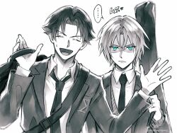  ... 3wa_tari angeal_hewley angeal_hewley_(shinra_private_academy) aqua_eyes bag black_hair black_necktie briefcase cardigan closed_eyes collared_shirt final_fantasy final_fantasy_vii final_fantasy_vii_ever_crisis frown furrowed_brow grey_hair grey_jacket hair_between_eyes highres holding holding_briefcase jacket necktie nervous_smile nervous_sweating official_alternate_costume open_mouth parted_bangs school_uniform sephiroth sephiroth_(ever_crisis) sephiroth_(shinra_private_academy) shaded_face shirt shoulder_bag smile spoken_ellipsis spot_color suit_jacket sweat sweatdrop twitter_username upper_body weapon weapon_case weapon_on_back white_background white_shirt 