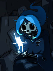  1girl adventure_time blue_fire blue_gemstone blue_hair cloak discount-supervillain finn_the_human fire flame_princess forehead_jewel gem highres hood hooded_cloak sitting skeleton skull solo teeth 