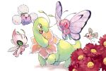  :d alternate_color bug butterfly butterfree celebi closed_mouth commentary_request cutiefly flower green_eyes happy jumpluff meganium no_humans open_mouth pokemon pokemon_(creature) red_flower shiny_pokemon smile standing toneko tongue white_background yellow_eyes 
