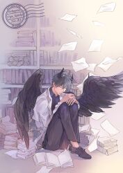  1boy black_hair black_shirt black_wings book book_stack bookshelf closed_eyes coat collared_shirt curled_up demon_horns feathered_wings flying_paper full_body highres horns kim_dokja library official_alternate_costume omniscient_reader&#039;s_viewpoint open_clothes open_coat paper scroll shirt short_hair solo too_many too_many_books typo_koneko white_coat wings 