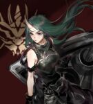  1girl 7ryryry arknights bare_shoulders black_gloves black_shirt chinese_commentary clothes_around_waist commentary_request cowboy_shot floating_hair from_above gloves green_hair grey_eyes hannya_(arknights) highres horns hoshiguma_(arknights) long_hair looking_ahead oni_horns red_background shield shirt single_horn sleeveless sleeveless_shirt solo 