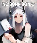  1girl absurdres arknights bangs bare_shoulders black_shirt black_tank_top blood blood_on_face blunt_bangs english_text furrowed_brow hair_ornament hammer highres holding holding_weapon horns looking_to_the_side meme mudrock_(arknights) no_bitches?_(meme) red_eyes shirt sidelocks sledgehammer solo tank_top upper_body wawamachi_(wawamachis) weapon white_hair 