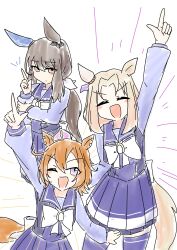  3girls absurdres admire_vega_(umamusume) animal_ears arm_up blonde_hair blush bow bowtie breasts brown_hair closed_eyes closed_mouth crown ear_covers ear_ornament ear_piercing hair_between_eyes hand_up highres horse_ears horse_girl horse_tail l_hand long_hair long_sleeves looking_at_viewer low_ponytail medium_hair mini_crown multiple_girls narita_top_road_(umamusume) one_eye_closed open_mouth orange_hair orange_tail piercing pink_crown pleated_skirt ponytail purple_sailor_collar purple_serafuku purple_shirt purple_skirt purple_thighhighs rum_mouton34 sailor_collar sailor_shirt school_uniform serafuku shirt short_hair single_ear_cover skirt smile t.m._opera_o_(umamusume) tail thigh-highs tracen_school_uniform umamusume umamusume:_road_to_the_top violet_eyes white_bow white_bowtie zettai_ryouiki 