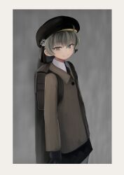  1girl against_wall arms_at_sides backpack bag black_gloves black_ribbon black_skirt border brown_coat brown_eyes brown_hair closed_mouth coat cowboy_shot flower from_side gloves hat hat_flower hat_ribbon hatoba_tsugu highres long_sleeves looking_at_viewer looking_to_the_side mole mole_under_eye ribbon shadow short_hair skirt smile solo standing tsugu_(vtuber) virtual_youtuber white_border yosumi_(4cornermmd) 