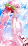  1girl clouds from_side hatsune_miku highres long_hair long_sleeves outdoors pink_eyes pink_hair sakura_miku sky solo vocaloid yuuyu_(moco20111115) 