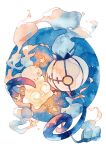  blue_fire chandelure closed_mouth commentary_request fire flame highres litwick minior no_humans oharu-chan pokemon pokemon_(creature) smile star_(symbol) traditional_media yellow_eyes 