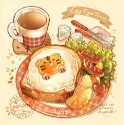  2022 animal-themed_food artist_name banner bread bread_slice breakfast cherry_tomato chinese_zodiac commentary cream_cheese cup english_commentary english_text food food_focus fork fried_egg fried_egg_on_toast fruit highres knife lettuce mug nao_(bestrollever) napkin no_humans notice_lines orange_(fruit) orange_slice original plate sausage shadow simple_background stamp_mark tea teabag toast tomato year_of_the_tiger yellow_background 