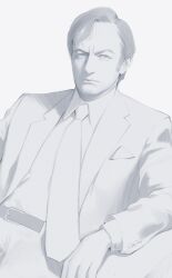  1boy absurdres belt better_call_saul breaking_bad closed_mouth collared_shirt dress_shirt formal_clothes highres jacket long_sleeves looking_at_viewer male_focus monochrome nagamerin necktie open_clothes open_jacket pocket_square saul_goodman shirt short_hair simple_background sketch solo suit_jacket 