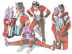  2girls anger_vein animal_ears aqua_bow arms_around_neck assisted_stretching blunt_bangs blush bow breasts carrying carrying_person closed_eyes closed_mouth commentary ear_bow gold_ship_(umamusume) grey_hair hand_on_another&#039;s_cheek hand_on_another&#039;s_face hat horse_ears horse_girl horse_tail jacket lampy_uikoko long_hair long_sleeves mejiro_mcqueen_(umamusume) multiple_girls open_mouth pants pillbox_hat purple_hair red_jacket red_pants red_track_suit shoes smile stretching tail tracen_training_uniform track_jacket track_pants track_suit umamusume violet_eyes yuri 