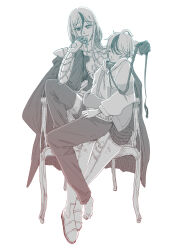  1boy 1girl ahoge animal_collar armor assertive_female cape chair collar gorget hetero heterochromia highres holding holding_leash leash long_hair monochrome multicolored_hair short_hair shoulder_armor sitting sitting_on_lap sitting_on_person sleeping streaked_hair sumino_takumi the_hundred_line_-last_defense_academy- user_ztjd7782 v&#039;ehxness 